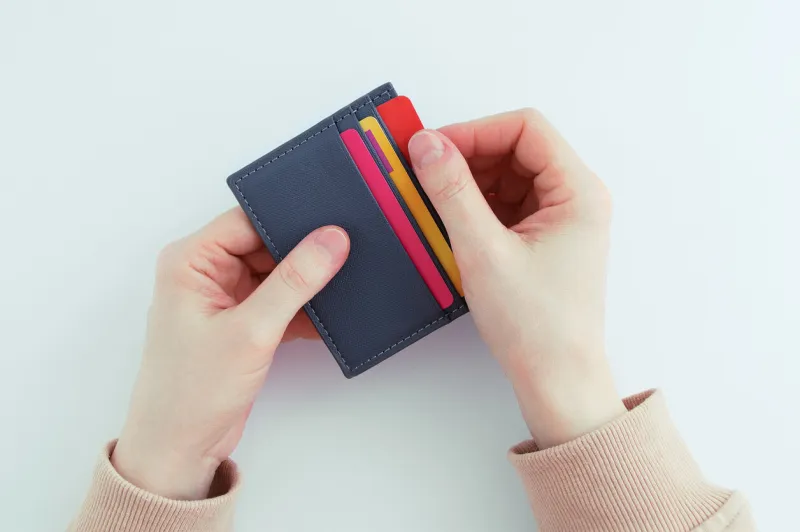 credit bank cards in a gray business card holder in the hands of a caucasian woman white background view from above