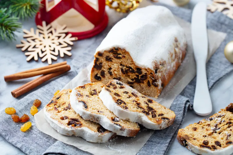 christmas stollen traditional german festive dessert marble background close up