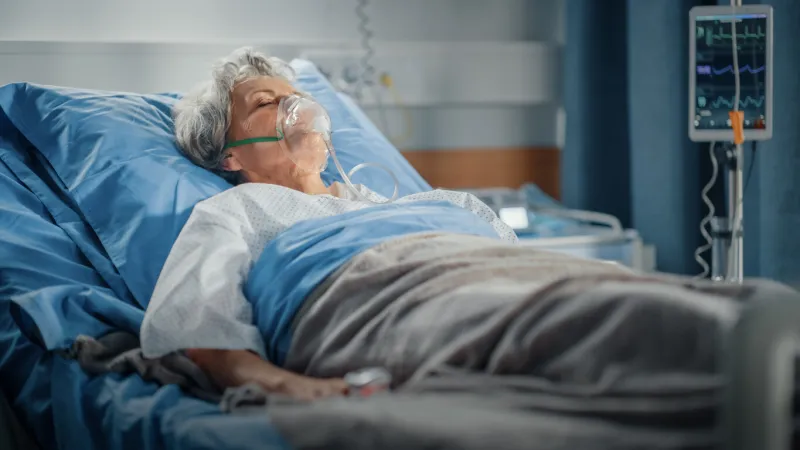 hospital ward  portrait of beautiful elderly woman wearing oxygen mask sleeping in bed, fully recovering after sickness old lady dreaming of her family, friends, happy life