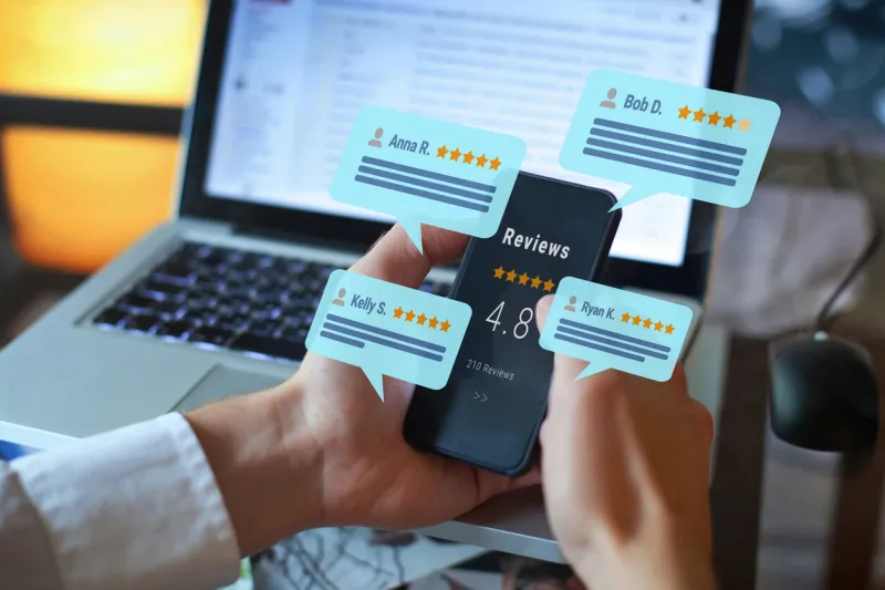 reviews online, customer feedback concept, reading positive reviews and comments