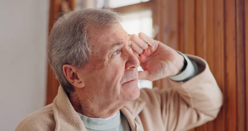 depression, sad or nostalgia with a senior man looking through a window in his home during retirement thinking, memory or the past with an elderly person feeling lonely in the living room of a house