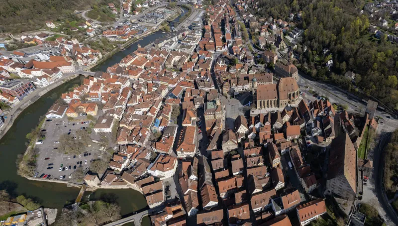 aerial view of the old town schwäbisch gmünd in germany on a sunny day in fall