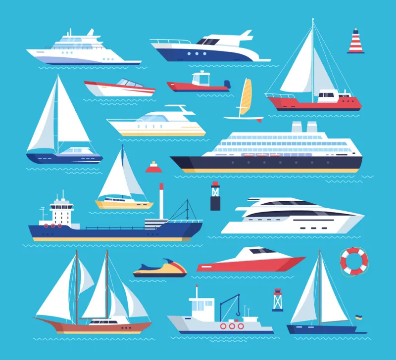 maritime ships vector icon set of ship at sea, sail boats, scooter, speedboat, yacht, passenger liner, sailboat, cruiser and cargo ships water ocean transport boat in flat style sea marine travel