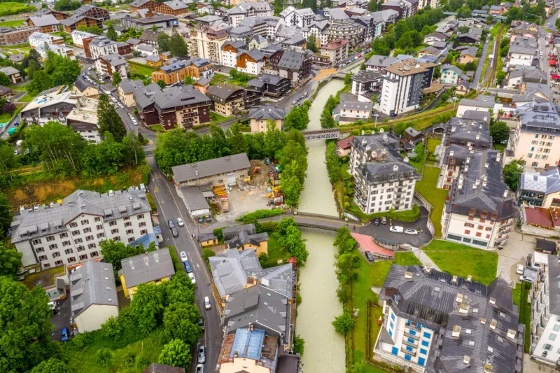 aerial view of villages and river in chamonix valley, france