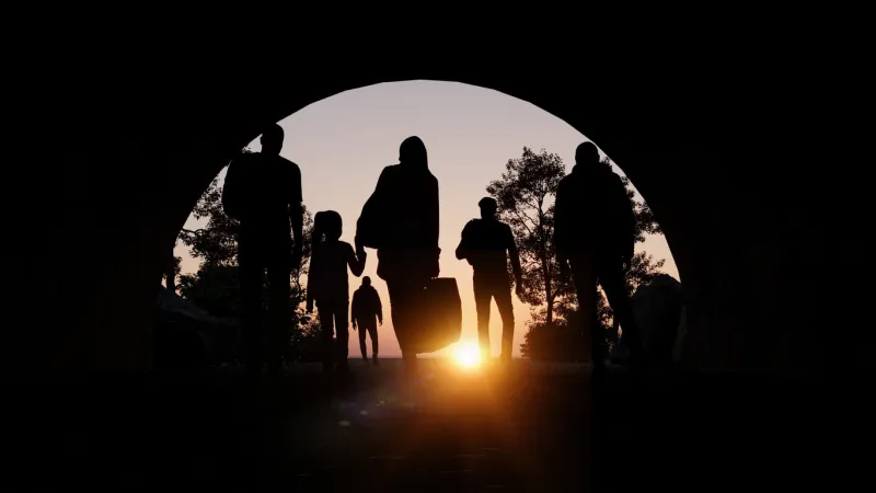 refugees and immigrants looking for a new hope in life silhouette column of migrants passing through a tunnel abandon your lands for a better future 3d rendering