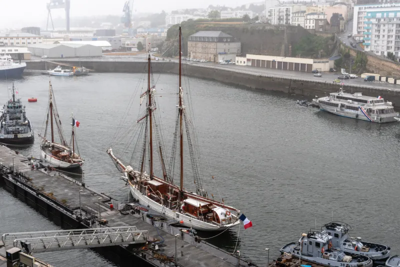 brest, france - july 29, 2018  view of the harbour of brest a cloudy day high angle view from the chateau