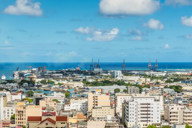 port louis, mauritius - december 25, 2015  port louis skyline - viewed from the fort adelaide along the indian ocean in mauritius capital city travel in mauritius