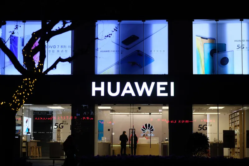 shanghai china-april 2020  facade of huawei flagship store at night a chinese electronic brand