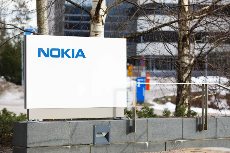 espoo, finland - march 03, 2019  nokia company name on white board next to nokia head quarter entrance in espoo, finland