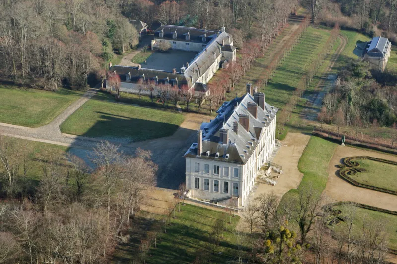 chaussy, france - january 3, 2010  aerial view of villarceaux castle and estate in the department of val-d'oise (95710), ile-de-france region, france