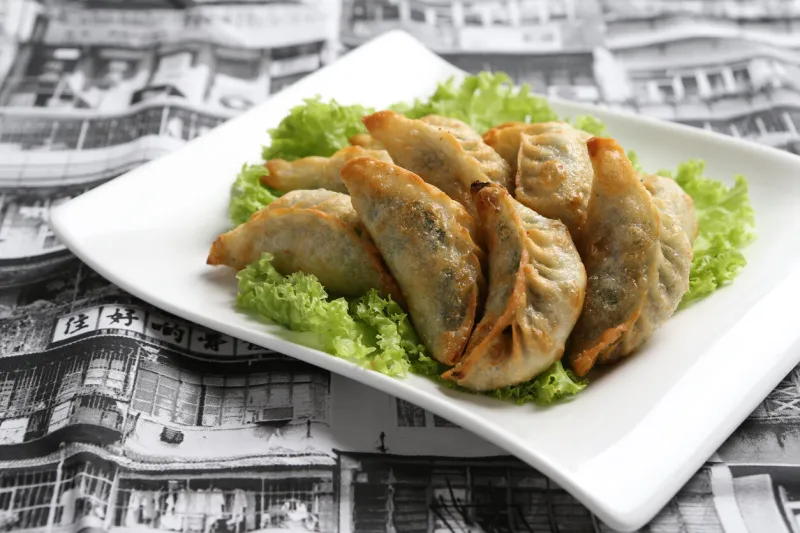 deep fried pork chicken dumpling guo tie jiaozi dim sum in plate on grey vintage building background design appetiser food snack halal menu for hong kong cafe