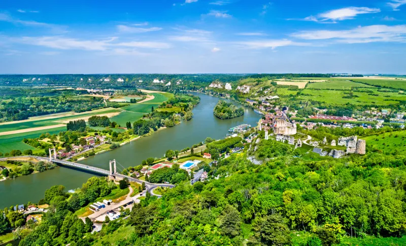 panorama of the seine river in les andelys commune - normandy, france