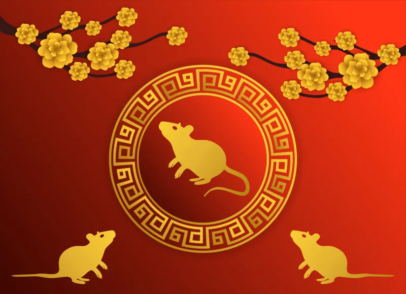 happy chinese new year 2020, year of the mouse flower, ornament circle, and gold color ground rats with paper cut style