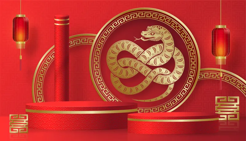 3d podium round stage for happy chinese new year 2025 snake zodiac sign, on color background (chinese translation  happy new year 2025, year of snake)
