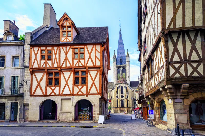 tower of the notre-dame of dijon church in the old town of dijon, burgundy, france