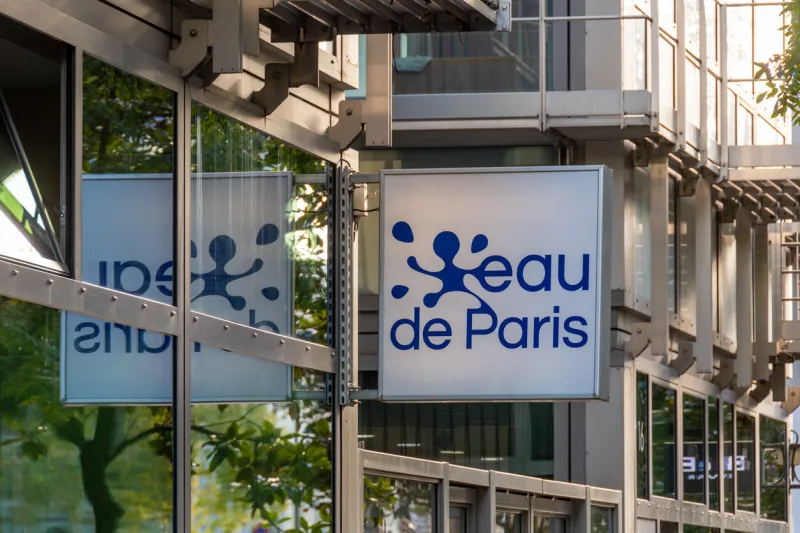 paris, france - november 15, 2023  sign and logo on the eau de paris headquarters eau de paris is a publicly owned company in charge of water supply and waste water collection for the city of paris