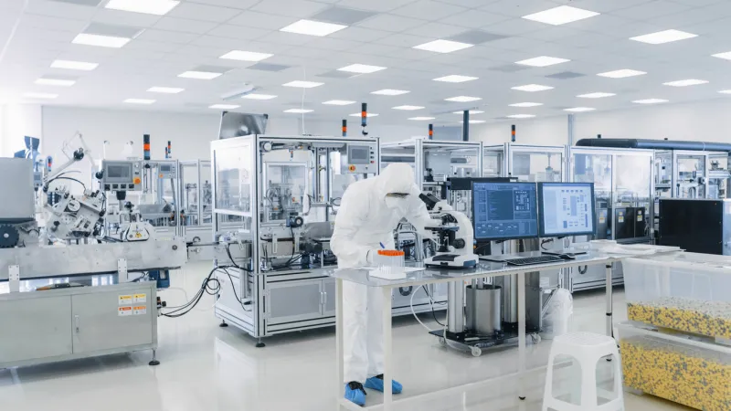 shot of sterile pharmaceutical manufacturing laboratory where scientists in protective coverall's do research, quality control and work on the discovery of new medicine