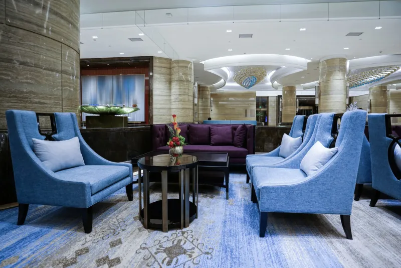 luxury lobby interiorwith crystal lamp,bing hall, marble floor, french sash,mosaic tile,comfortable sofa, etc