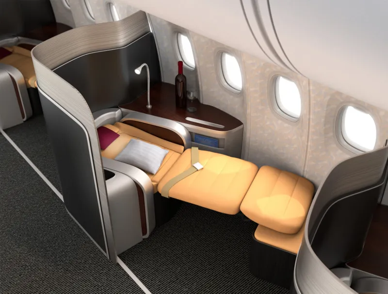 close-up of luxurious business class seat with metallic silver partition the seat laying down in flat position 3d rendering image in original design