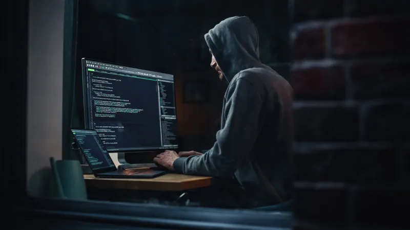 night apartment  evil greedy hacker wearing hoodie, breaks into data servers, does ddos attack, phishing scheme, malware, sends virus cyber security and crime concept view from outdoors into window