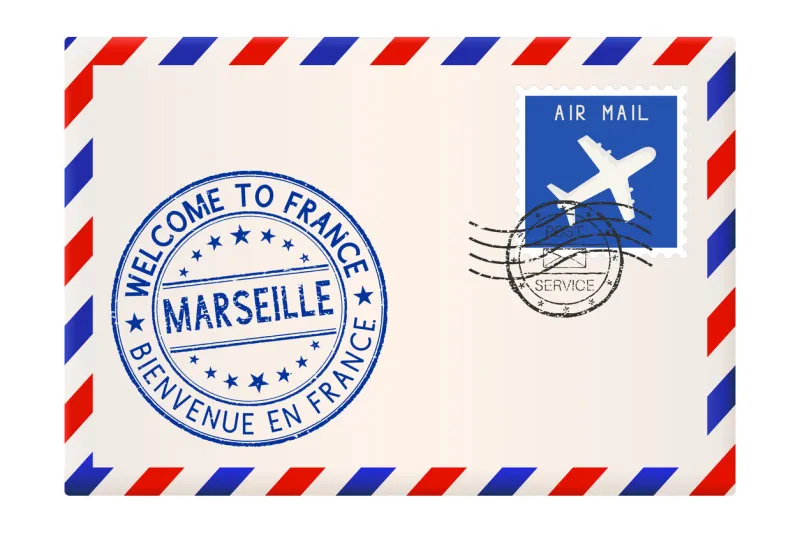 international mail envelope with tourist blue stamp welcome to france, marseille vector illustration isolated on white background