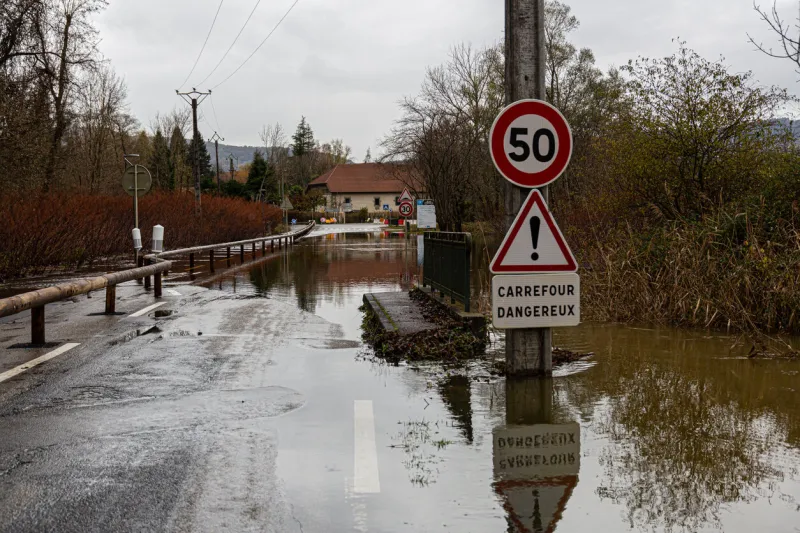 chanaz chindrieux, savoie, france, december 2, 2023, following heavy rain, flooding of the plain between chanaz and chindrieux, from lac du bourget to the rhône riverflooded roads