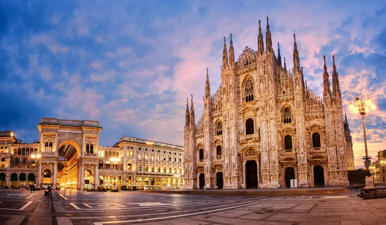 milan cathedral, duomo di milano, italy, one of the largest churches in the world on sunrise