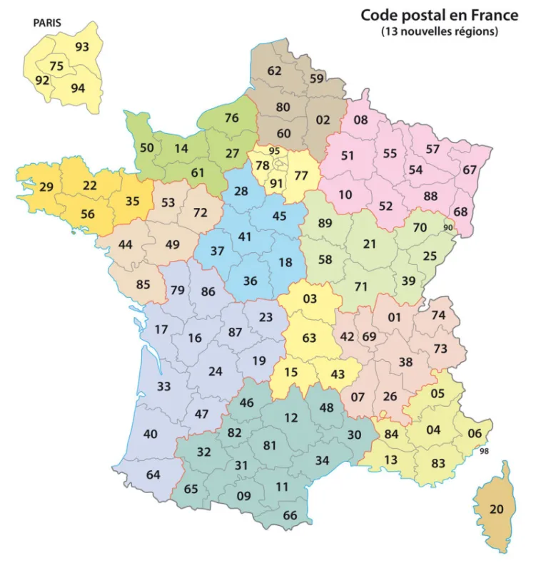 france 2-digit postcodes vector map