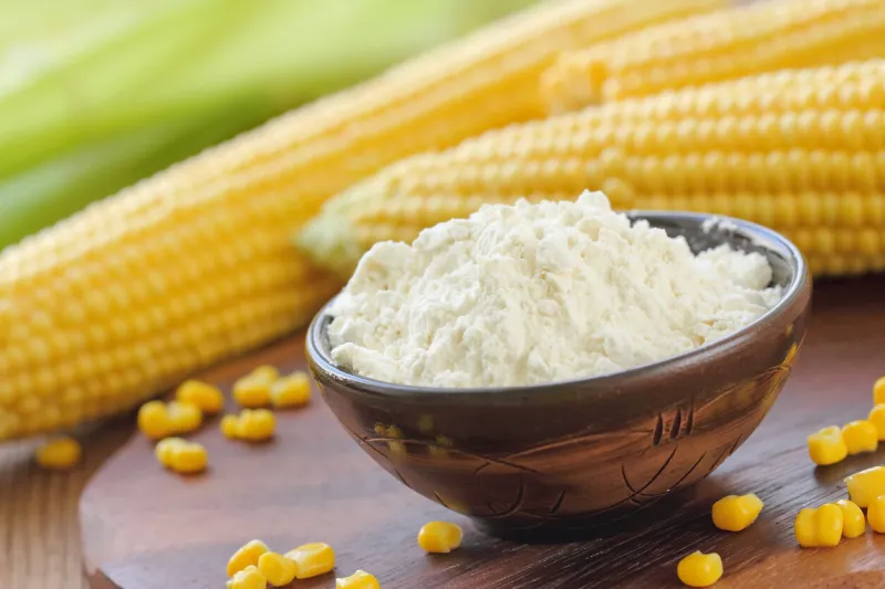 corn flour in a bowl and corn cob on the table