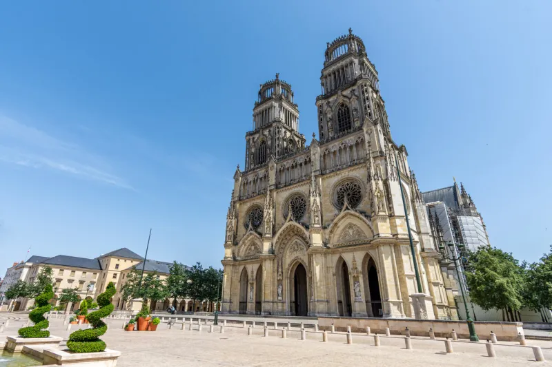 exterior view of the sainte-croix cathedral of orléans, a gothic-style roman catholic cathedral located in orléans, france, in the french department of loiret