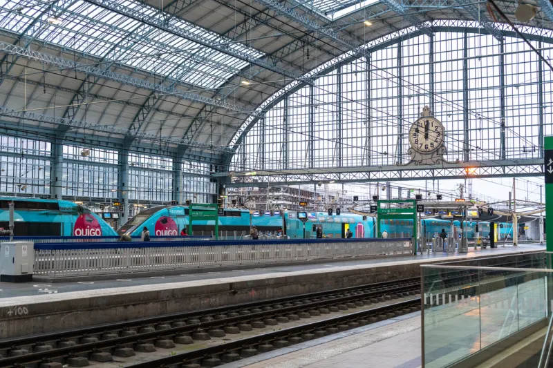 bordeaux, france, april 17, 2024  ouigo train cars in centre gare saint-jean historical building, editorial image