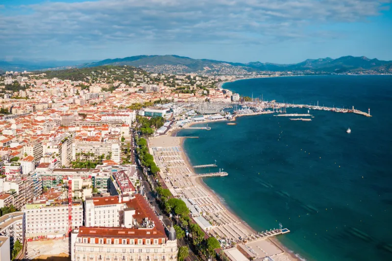 cannes beach aerial panoramic view cannes is a city located on the french riviera or cote d'azur in france