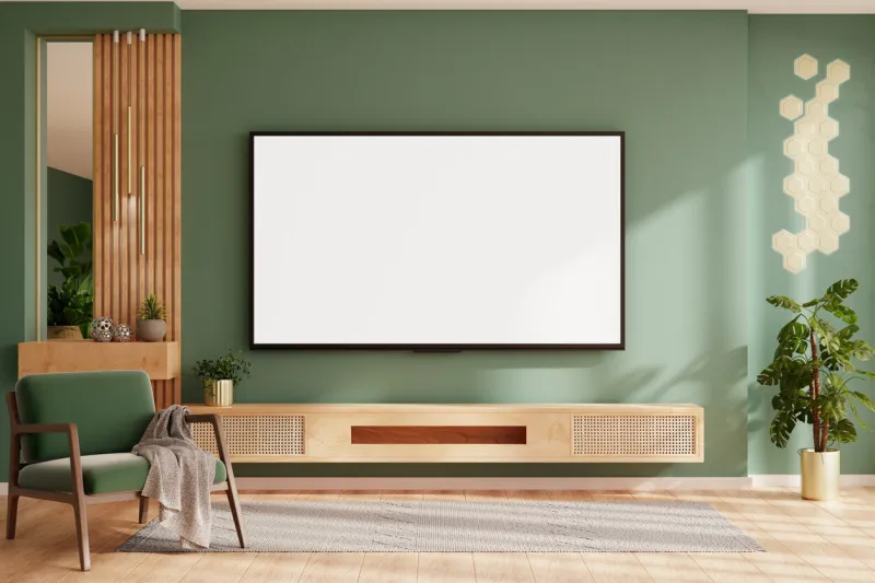 wall mounted tv mockup on cabinet in living room with green armchair and decor accessories- 3d rendering