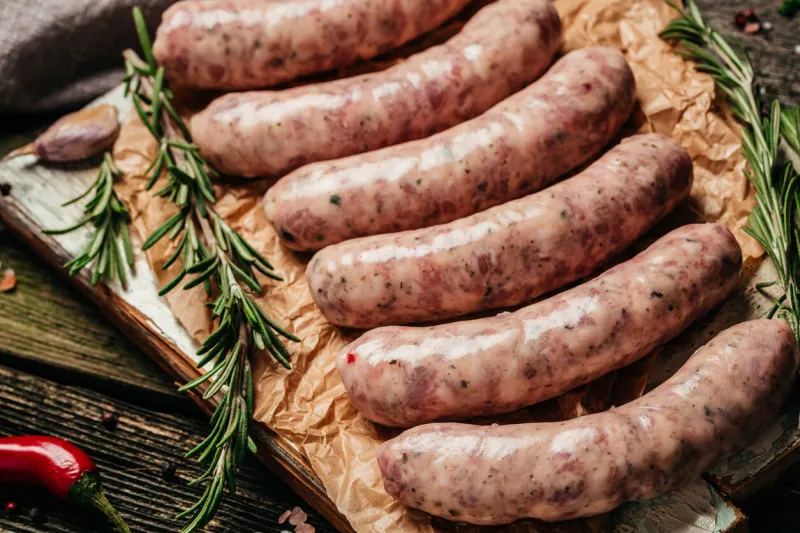 raw sausages with rosemary on a wooden background sausages for grilling food recipe background close up
