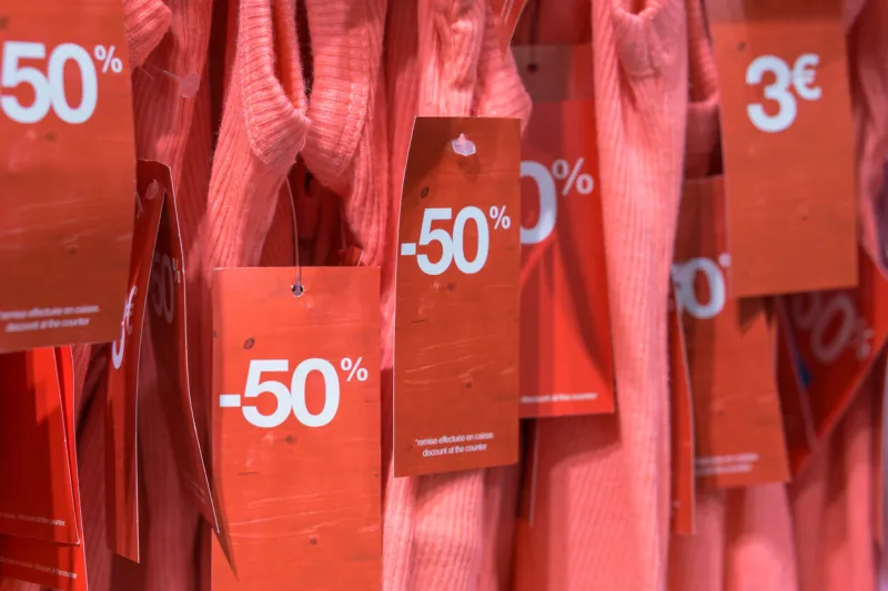 close-up of tags on clothing