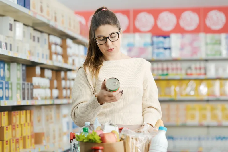 woman buying groceries at the supermarket, she is holding a can and checking the food label