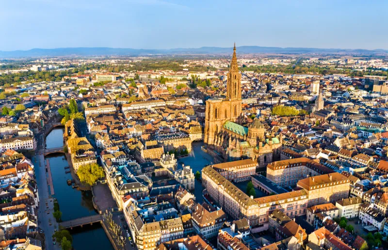 aerial view of the notre-dame cathedral of strasbourg - alsace, france
