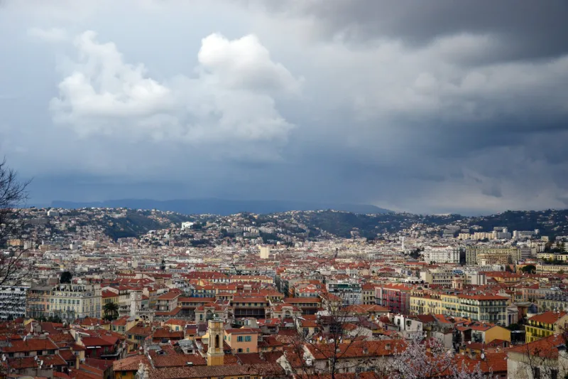 nice, france - february 11th 2018   cityscape of nice during a thunderstorm