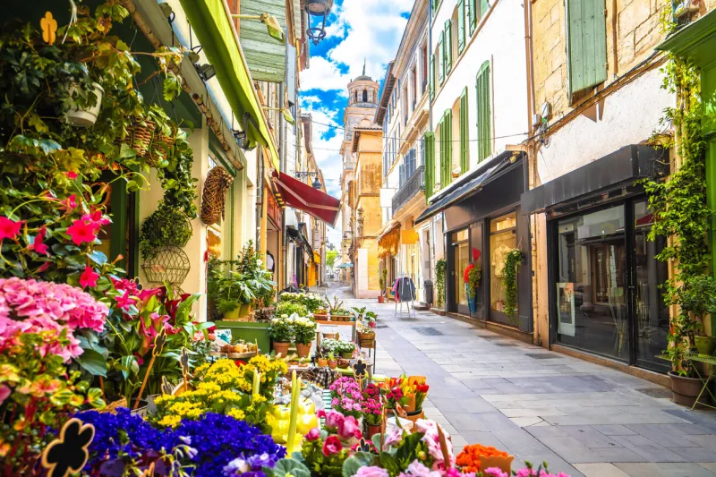 city of arles colorful flower street view, south of france