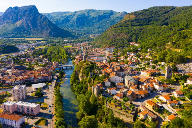 aerial view of old stone houses and streets of tarascon-sur-ariege, france