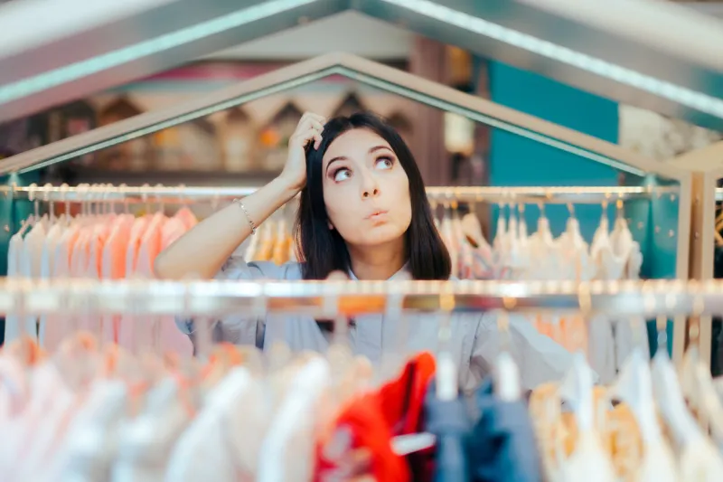 conscious consumer thinking before buying something in fashion shop