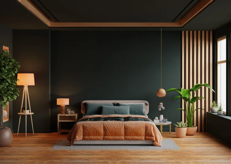 orange bed and mockup dark green wall in bedroom interior- 3d rendering
