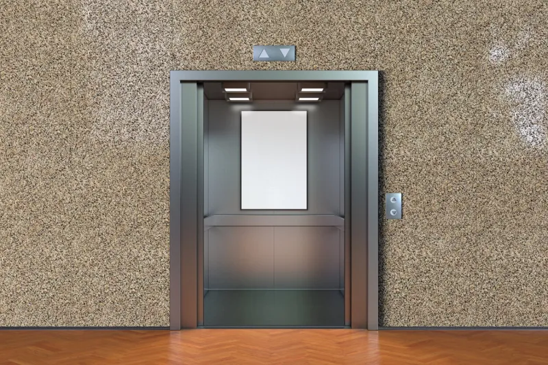 empty elevator cabin with open doors and blank poster 3d illustration