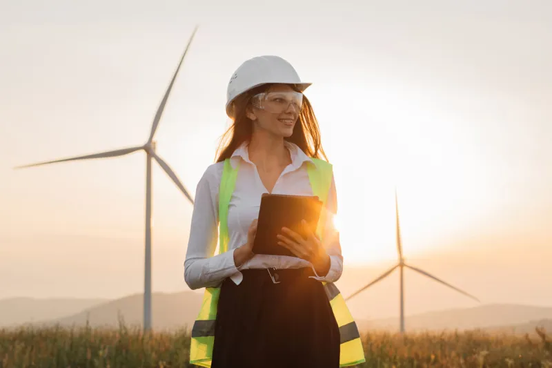 beautiful caucasian woman in white helmet working with digital tablet at renewable energy farm female inspector controlling functioning of wind turbines outdoors