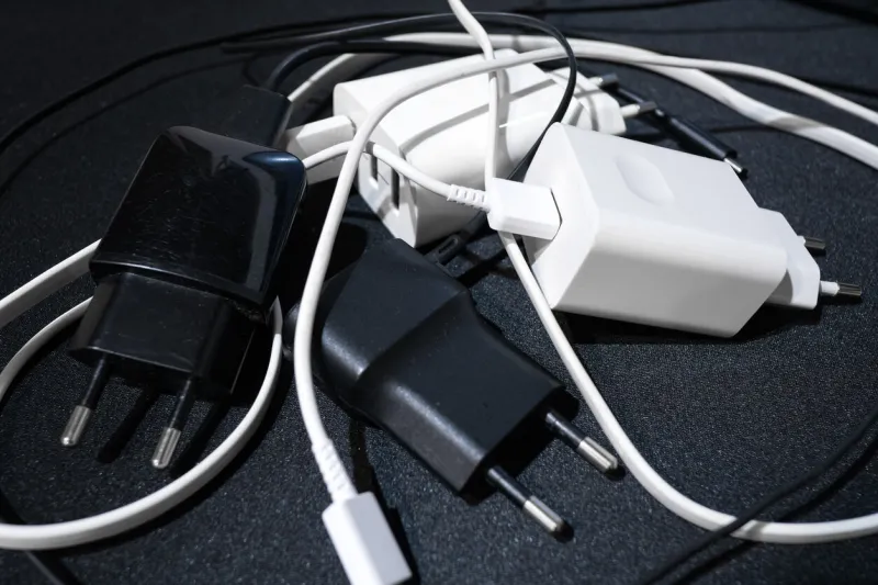 pile of smartphone wired chargers on black surface,tech