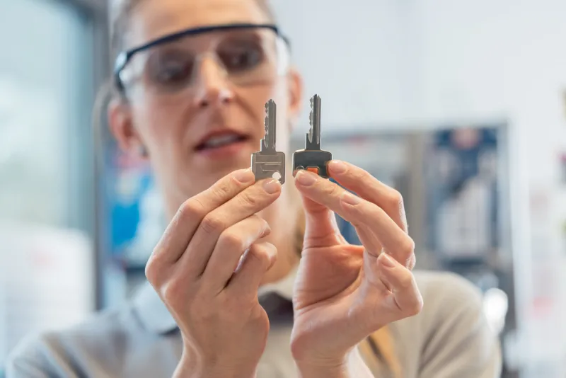 woman at key cutter shop looking at blanks comparing them