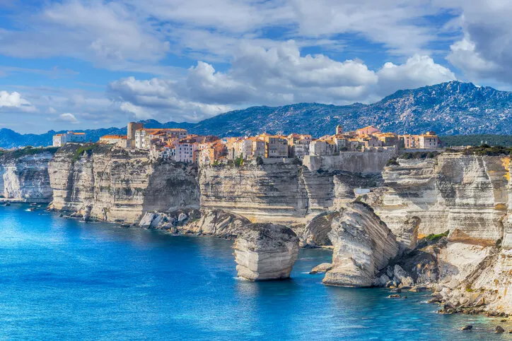 landscape with bonifacio town in corsica island, france