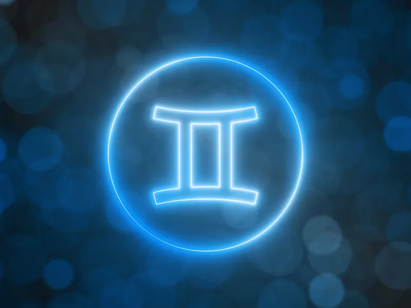 glowing neon sign of gemini with blurred bokeh background suitable for zodiac, fate, religion, light and energy themes 3d illustration