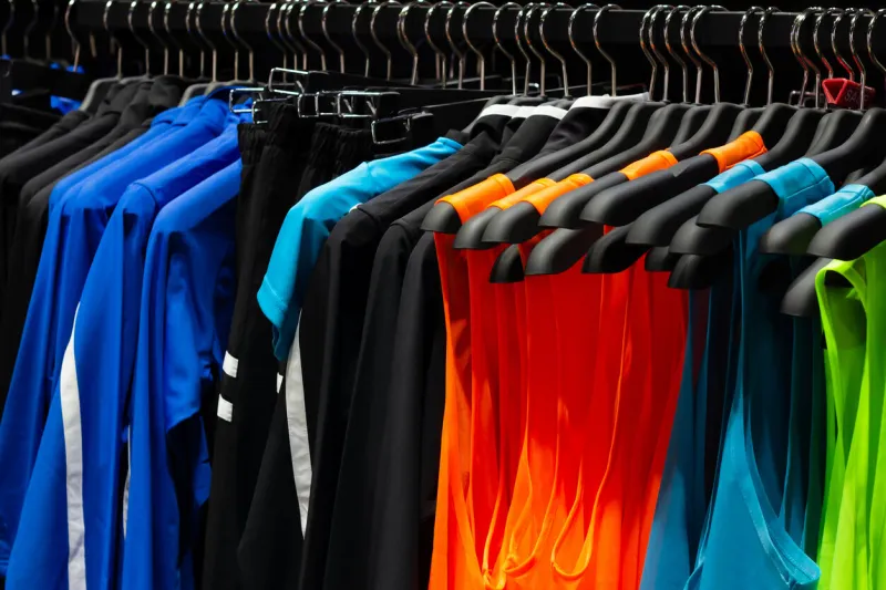 photo of multicolored sport sleeveless t-shirts and shirts hanging on store rack