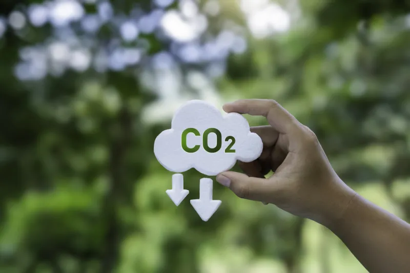 hand holding a co2 icon symbol net zero and carbon footprint for reduce emission, carbon neutral, limit climate change and global warming, and eco-friendly environment to green business
